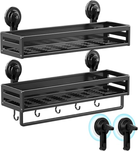 Suction Cup Shower Caddy, 11.8 inch Extended Version,5 Hooks & Towel Rrack, No Drilling Required, Rust-resistant Bathroom Shower Organizer,with 2 Extra Suction Cups for Replacement Use (2Pack-Black) - size: 11.8 inches(2-Pack US)