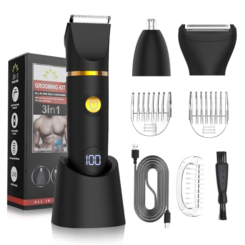 Qreeyx Manscape Body Trimmer for Men, 3 in 1 Men's Grooming Kit with Pubic/Nose Hair Trimmer & Ball Shaver for Nose/Balls/Groin/Legs/Chest Hair Removal, LED Display, IPX6 Waterproof, Gifts for Him Dad - color: Black