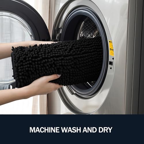 LINLA 3 Pieces Bathroom Rug Set, Absorbent Non Slip Chenille Bath mat, Thick Plush Chenille Carpet Mats Set,Washable Dry Quickly with U-Shaped Toilet Mat for Tub, Shower（Black） - color: Black