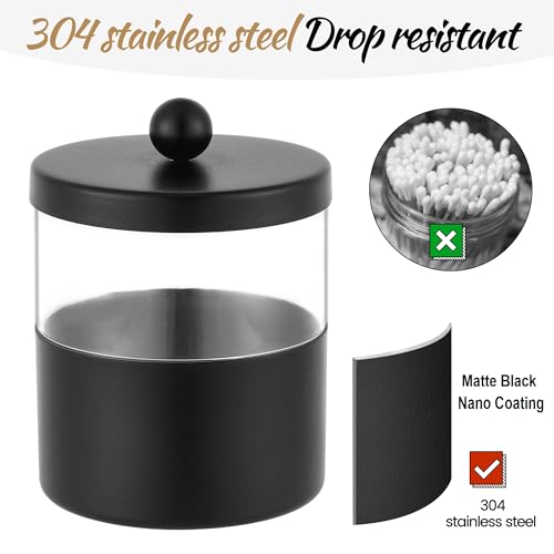 Gaussra Black Apothecary Jars, Black Qtip Holder - Stainless Steel Bathroom Jar with Stickers - Farmhouse Decor Qtip Dispenser for Qtips, Cotton Balls, Swabs, Makeup Sponges (2-Pack)