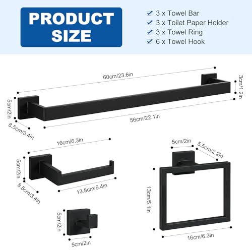 Cilee 10-Pieces Bathroom Hardware Set - Matte Black Bathroom Accessories, 24 Inch Towel Bar, Square Towel Ring, Toilet Paper Holder, Towel Hook, Wall-Mounted Stainless Steel Towel Bar Rack Set - color: 10 - Matte Black, size: 10 Pieces