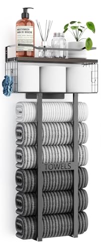 Large Towel Rack & Bathroom Towel Holder - Wall Mounted Metal Rack with Wooden Floating Shelf, Small Bathroom Towel Storage, Easy Holds 6 Large Rolled Towels, Black with Brown Plank - color: Black With Brown Plank