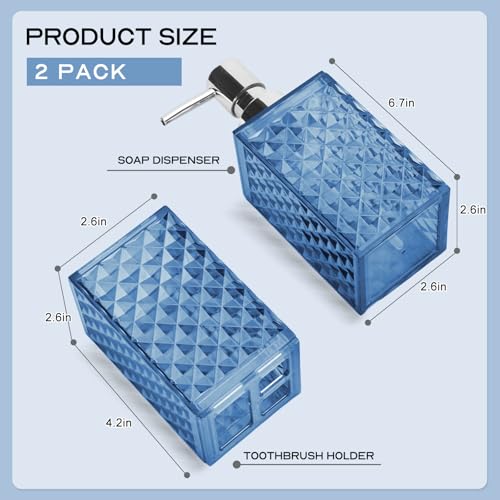 Blue Bathroom Accessories Set 2 PCS, Navy Blue Bathroom Accessories Include Soap Dispenser and Toothbrush Holder, Diamond Pattern Bathroom Set for Boho Bathroom Decor - color: Blue