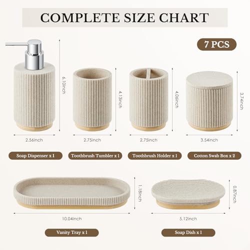 7PCS Bathroom Accessories Set, with Soap Dispenser, Q-tip Holder, Toothbrush Holder, Tumbler, Soap Dish, Vanity Tray, Bathroom Set Complete Organizer Countertop for Modern Decor, Beige