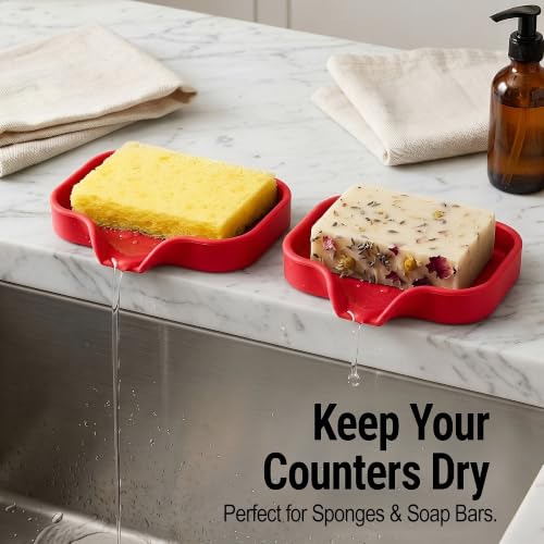 Zulay Kitchen Small Silicone Sponge Holder (4.9x3.3”) – Space-Saving Sink Organizer Tray for Sponge, Soap, Brush & More – Compact Non-Slip Dish for Kitchen & Bathroom (Red) - color: Red (Small), size: Small (4.9x3.3)
