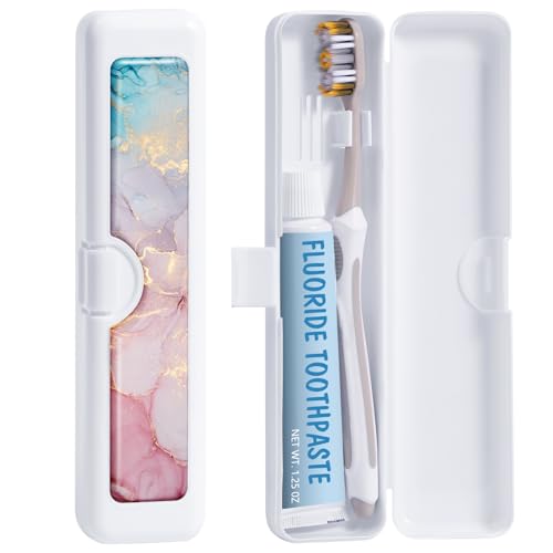 Toothbrush Travel Case - Colorful Pattern, Holder and Covers for Toothbrushes, Includes Tongue Scraper Case - color: Colored Marble, size: Small
