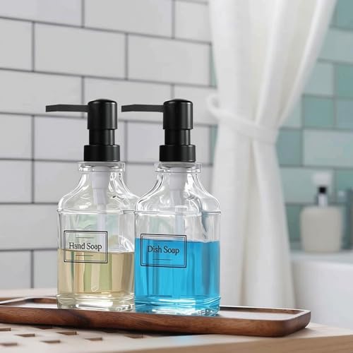 3 Pack Glass Soap Dispenser with Pump, 17oz/500ml Square Refillable Hand and Dish Soap Dispenser for Bathroom Decor & Kitchen Sink, Clear Pump Bottles for Liquid, Lotion (Includes 6 Labels) - size: 17 oz Clear 3Pack
