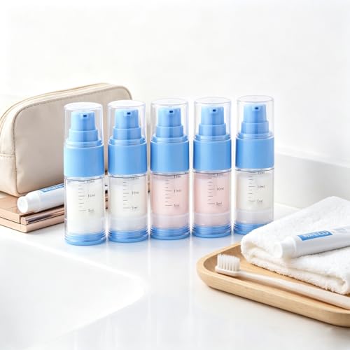 0.5oz/15ml Travel Airless Pump Bottles, 5 Pack Refillable Vacuum Cosmetic Containers with Clear Organizer Case & Labels, Small Lotion Dispenser Bottles for Skincare, Toiletries & Cosmetics - color: Blue, size: 0.5oz/15ml