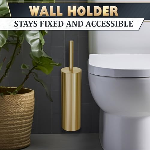Gold Toilet Brush and Holder Set with Wall Mount - Modern Wall Mounted Toilet Brush Made from Corrosion-Resistant Stainless Steel - Removable Inner Bowl, Splash Protection & Dense Bristles Supplied - color: Gold Wall-mounted