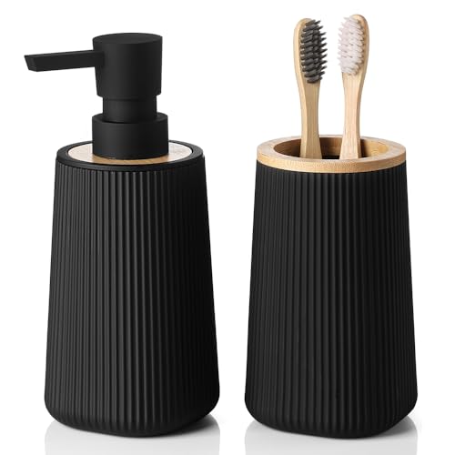 YAUKPH Bathroom Accessories Set 2 Piece Soap Dispenser and Toothbrush Holder for Bathroom Countertop Striped Black and Bamboo - color: Striped Black and Bamboo