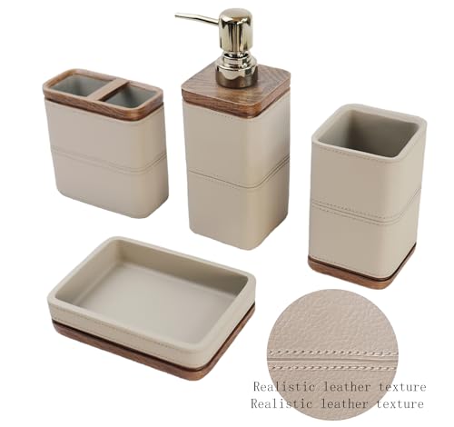 Hymmah Leather Pattern Design Bathroom Accessories Set,Farmhouse Bathroom Decor,4 Pcs Resin Gift Set Apartment Necessities, Contain Cotton Swab Jar,Soap Dispenser,Tumbler，Soap Dish/Tray - color: Light Beige Gray