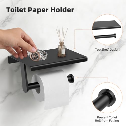 Black 5-Piece Bathroom Hardware Set, 23.6 Inch Towel Bar Set SUS304 Stainless Steel Towel Racks for Bathroom Round Towel Bar, Towel Ring, Toilet Paper Holder, 2 Robe Hooks, Wall Mounted - color: Matte Black