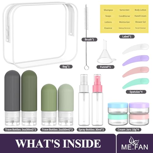 ME.FAN Travel Bottles for Toiletries,18 Pack Silicone Portable Size Bottle, TSA Approved Refillable Cosmetic Container Kits for Conditioner, Shampoo, Lotion,Face Cream - Desert Sage - color: Desert Sage