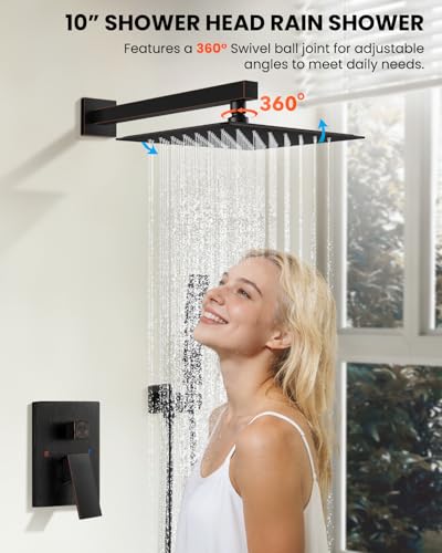 gotonovo Shower System with Tub Spout,Waterfall Tub Shower Faucet Set for Bathroom Head and Handle Set Wall Mounted 3 Function Rough-in Valve and Trim Included 10 inch Shower Head Oil Rubbed Bronze - color: Oil Rubbed Bronze, size: 10 inch Shower Head