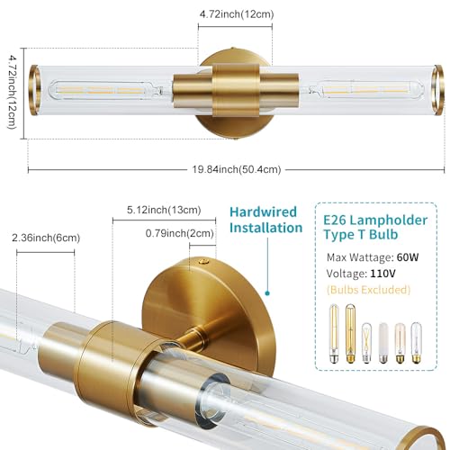Hardwired Gold Bathroom Vanity Light Clear Glass Wall Sconce | Up & Down Bidirectional Lighting, Damp Rated For Bathrooms, Dimmable, Rustproof Gold Metal, 5-Year Manufacturer Warranty - color: Clear,Gold