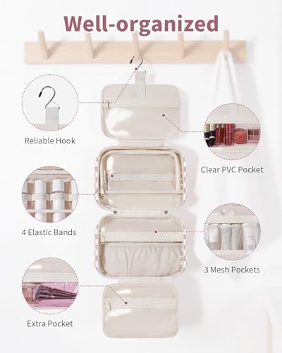Narwey Hanging Travel Toiletry Bag for Women Checkered Makeup Bag Organizer Cosmetic Make up Toiletries Bag for Travel Essentials Accessories (Dusty Pink Checkerboard, Large) - color: Dusty Pink Checkerboard, size: Large