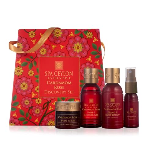 Spa Ceylon Ayurveda Cardamom Rose Discovery Set – 4-Piece Natural Uplifting Spa Gift Set with Himalayan Rose & Organic Ceylon Cardamom - Bath Gel, Body Lotion, Pillow Mist & Scrub
