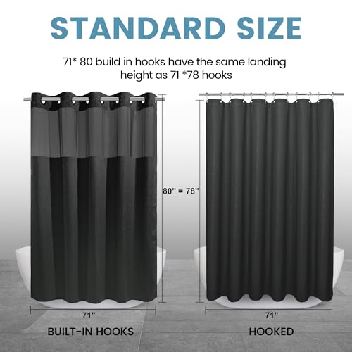 EUTXL Heavyweight Long No Hook Shower Curtain with Snap in Liner,256GSM Waffle Weave Shower Curtains for Bathroom,71W x 80H(78"),Black - color: Black, size: 71"W x 80"L (Pack of 1)