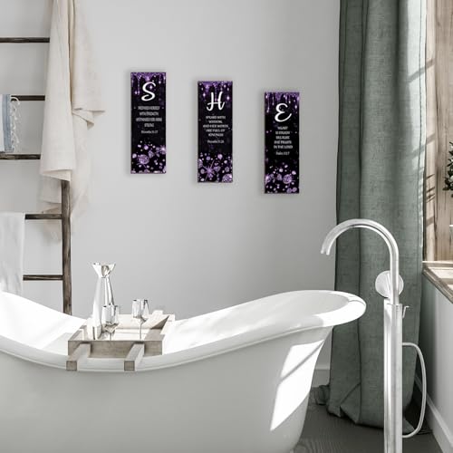 ZONWUTHY 3 Pcs Purple Silver Wall Decor Diamond Bedroom Decor For Women With Religious Black And Purple Bathroom Accessories Office Sign for Home Kitchen Office Wall Decoration 12x4 Inches - color: Purple