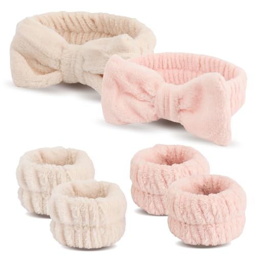 WSYUB Spa Headband and Wristband Set, Face Wash Headband, Makeup Skincare Headbands Wrist Bands for Washing Face,Easter Basket Stuffers,6pcs - color: Khaki and Tooth Pink