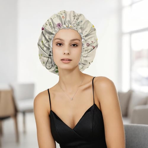 Shower Cap Adjustable Waterproof Double Layer Elastic Reusable Hair Bath Cap Cute Aesthetic for Women Girls-Floral - color: R9-Floral