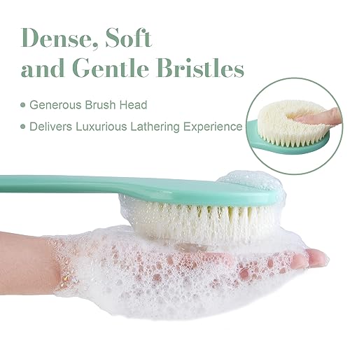 Back Scrubber for Shower, Shower Body Brush for Cleaning with Long Handle for Showering, 17 Inch Back Washer Exfoliator for Shower Men Women with Non-Slip Handle, Adhesive Hook (Celadon Green) - size: Celadon Green - Artificial Bristles