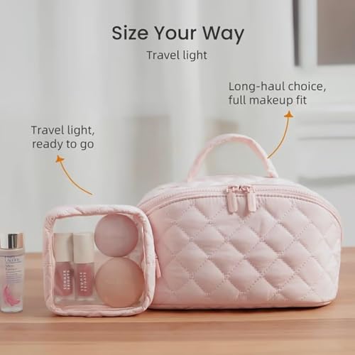 Makeup Bag for Women, Wide Open Lay-Flat Water-Resistant Cosmetic Case, Festivalment Makeup Bag, Spacious 180° Open Cosmetic Organizer for Toiletries & Brushes Large Capacity with Compartments (Beige) - color: Beige