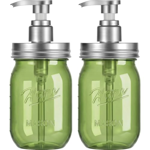 Amolliar Plastic Mason Jar Soap Dispenser with Pump Lid,16OZ Refillable BPA-Free Hand Soap Dispenser Set with Cute Lables, Farmhouse Decor for Kitchen/Bathroom, Liquid Dish Soap, Lotion(2 Pack, Green) - color: Green Jar With Silver Pump