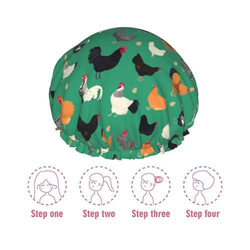 Funny Chickens Shower Cap For Women Reusable Waterproof Double Layers Bath Cap Hair Protection Elastic Ladies Spa Salon Shower Hat - color: Chickens