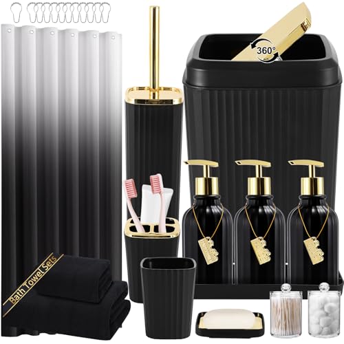 32PCS Black Bathroom Accessories Bathroom Set,Black Shower Curtain, Bath Towel Set,Hand Towel,Toilet Brush,Trash Can & 3PCS Soap Dispensera - size: Bath Set + Shower Curtain + Towel Set, style: Black