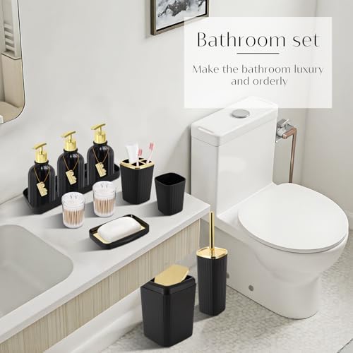 17PCS Bathroom Accessories Bathroom Set Black Bathroom Accessories,Toilet Brush, Trash Can, Qtip Holder Dispenser& 3PCS Soap Dispenser - size: Bath Set with Swing-Top Trash Can, style: Black