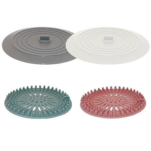 Shower Drain Hair Catcher Tub Stopper, V-TOP Drain Cover for Shower to Catcher Hair, Silicone Bathtub Drain Plug Suit for Bathroom Kitchen and Laundry, 4 Pack - color: 6" White & Gray & Green & Pink