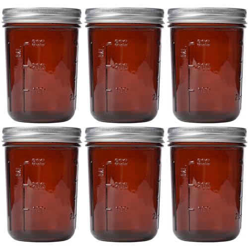 KORCCI Amber Glass Mason Jars 16oz - 6 Pcs Wide Mouth Mason Jars With Lids And Bands. Empty Candle Jar, Food Storage Containers, Canning Jar For Canning, Fermenting, Pickling, Jar Décor.
