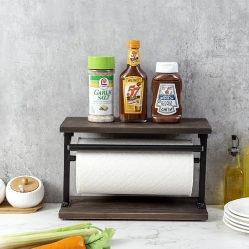 MyGift Kitchen Countertop Paper Towel Holder and Condiment Display Shelf Rack, Rustic Burnt Wood and Metal Towel Dispenser with Top Shelf for Bathroom or Kitchen - color: Burnt Wood