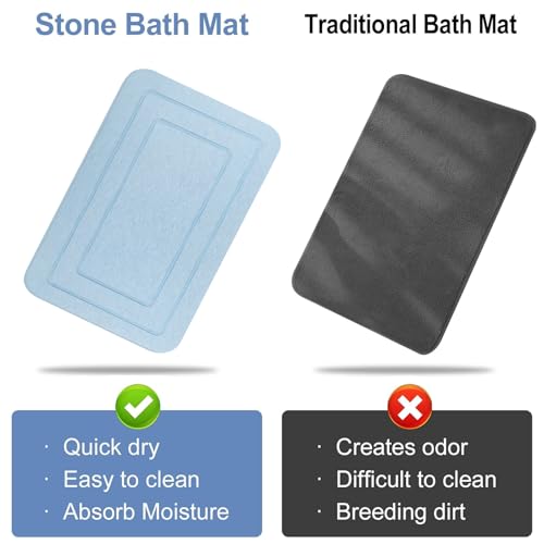 2 Pack Diatomaceous Earth Bath Mat, Stone Shower Mat, Non-Slip Super Absorbent Quick Drying Bathroom Kitchen Floor Mat, Blue, 24x15 - color: Blue Rectangle