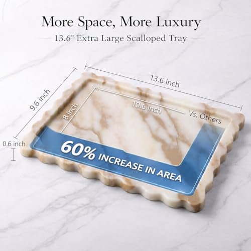 13.6" x 9.6" Large Genuine Calacatta Gold Scalloped Marble Tray, Pre-Sealed for Stain & Water Resistance, Luxury Decorative Trays for Vanity, Bathroom, Dresser, Coffee Table, Home Decor - color: Calacatta Glod