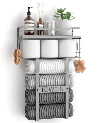 Towel Racks for Bathroom Wall Mounted - Bath Wall Towel Holder Set Above Toilet Storage, Rolled Towel Shelf Organizer for Small Bathroom, Wood Vertical Towel Rack for Bathroom Wall Decor Grey - color: Grey