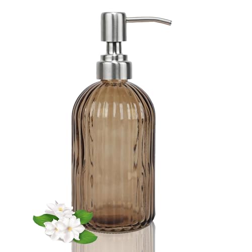 14Oz Brown Soap Dispenser Bathroom, Clear Glass Hand Soap Dispensers with Stainless Steel Pump, Refillable Dish Soap Dispenser for Kitchen, Countertop Soap Dispensers - color: Brown
