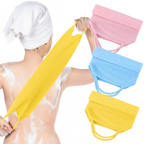 Body Wash Towel, 3 Pcs Double-Sided Back Exfoliator Body Scrub Towel, Nylon Back Scrubber with Handles, Stretchable BackWasher for Shower for Women Men(Blue, Pink, Yellow)