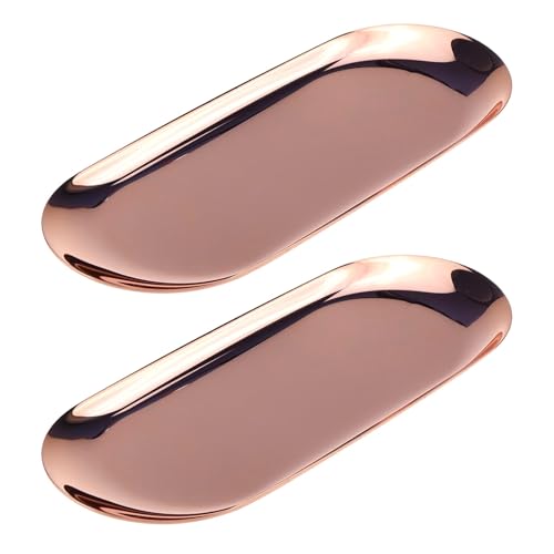 Dnyta 2Pcs Stainless Steel Decorative Tray, Decor Jewelry Dish Rose Gold Bathroom Decor Makeup Serving Trays for Dresser, 9 x 3.7in Cosmetics Home Decor for Keys Watch Wallet Trinket (Oval, Rose Gold) - style: Oval rose gold style (2pcs)