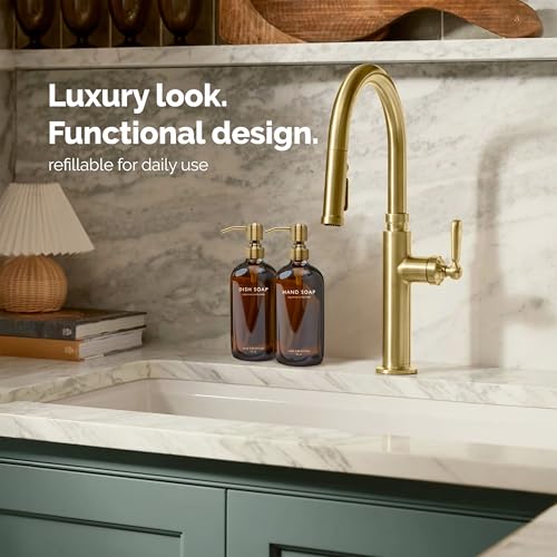 Vine Creations Amber Glass Soap Dispenser Set, Dish Soap and Hand Soap Dispenser Set with Stainless Steel Pump, 16 oz Glass Dispensers for Kitchen or Bathroom Decor (Amber Bottle/Brushed Brass Pump) - color: Amber Bottle / Brushed Brass Pump