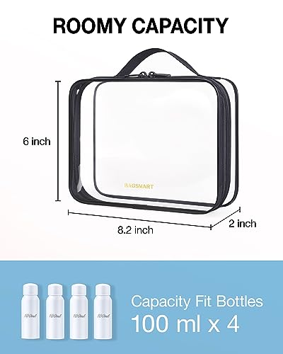 BAGSMART Clear Toiletry Bag, TSA Approved Travel Toiletry Bag Carry On Travel Accessories Bag Airport Airline Quart Size Bags water-resistant Makeup Bag for Women - color: Basic Black-with handle+180° open, size: 3 Pack, Medium