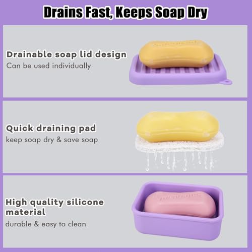 Silicone Travel Soap Case, Leak-Proof Soap Container with Drain Pad, Purple | Silicone Soap Holder, Travel Soap Case, Leak-Proof Soap Box, Removable Drain Tray, Portable Soap Container, Gym & Camping Use - color: Light Purple