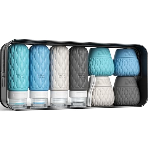 Silicone Travel Bottles for Toiletries 8 Pack Travel Size Toiletries 3.4 oz 1.7 oz, Leakproof Squeeze Travel Size Containers Refillable Cosmetic Jars Set for Shampoo, Conditioner, Creams - color: Blue Grey-3.4oz/1.7oz