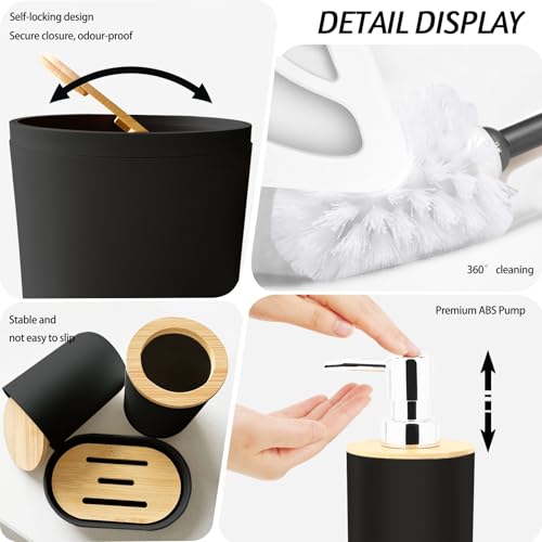 Lnond Black Bathroom Set, Black Abstract Cubes Bathroom Accessories Sets Complete, Luxury Restroom Set with Shower Curtain and Rugs, Trash Can, Toilet Brush Holder Set & Soap Dispenser - style: Black