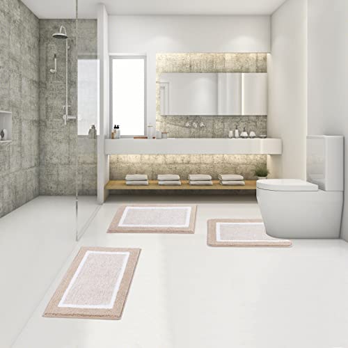 Bathroom Rugs Sets 3 Piece with U-Shaped Contour Toilet Mat Shower Rugs Absorbent Microfiber Plush Bath Mats Non Slip Bath Rugs Shaggy Floor Mats Machine Washable - color: Beige