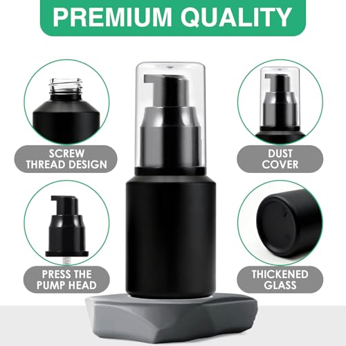 3PCS 30ML/1OZ Empty Black Frosted Glass Bottles with Pump Refillable Vial Cosmetic Dispenser Jars Storage Travel Lotion Container Portable Sample Bottle for Toiletries,Foundation,Cream,Gel,Lotion - color: Black, size: 1 Ounce
