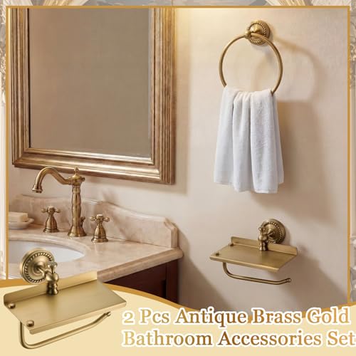 2 Pcs Antique Brass Braided Towel Ring and Toilet Paper Holder with Shelf, Wall Mounted Gold Tissue Roll Holder Hand Towel Ring Bathroom Hardware Accessories Set