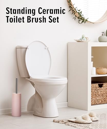 Matt White Ceramic Toilet Brush and Holder Set, Durable Bristles Non Scratch Toilet, Long Stainless Steel Handle, Freestanding Toilet Bowl Cleaners Brush, Scrubber Brush for Toilet - color: Matt White, size: Set/1
