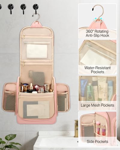 Hanke Hanging Travel Toiletry Bag for Men and Women, Water-Resistant Toiletries Bag Makeup Organizer with Hook, Cosmetic Bag for Bathroom & Travel Essentials Accessories, Pink - color: Pink